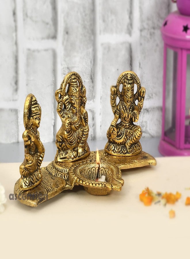 أسينشين تمثال لاكشمي غانيش ساراسواتي، تحفة فنية معدنية، مزين بإضاءة ديا، قطعة ديكور للعبادة، تمثال جالس، تمثال غانباتي مبارك للمنزل، هدية مثالية لاحتفالات ديوالي. - Image 3